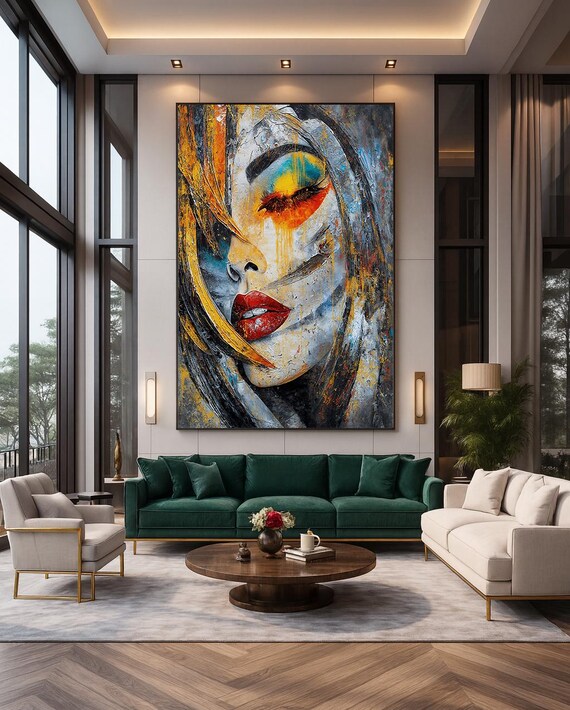 Abstract Woman Face Red Yellow Blue Bold Expressionist Painting Poster