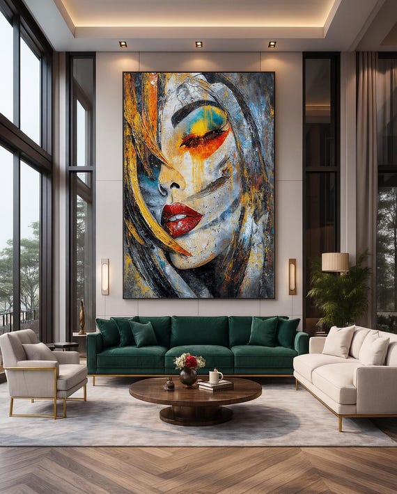 Abstract Woman Face Wall Art Bold Expressionist Portrait In Red Yellow Blue