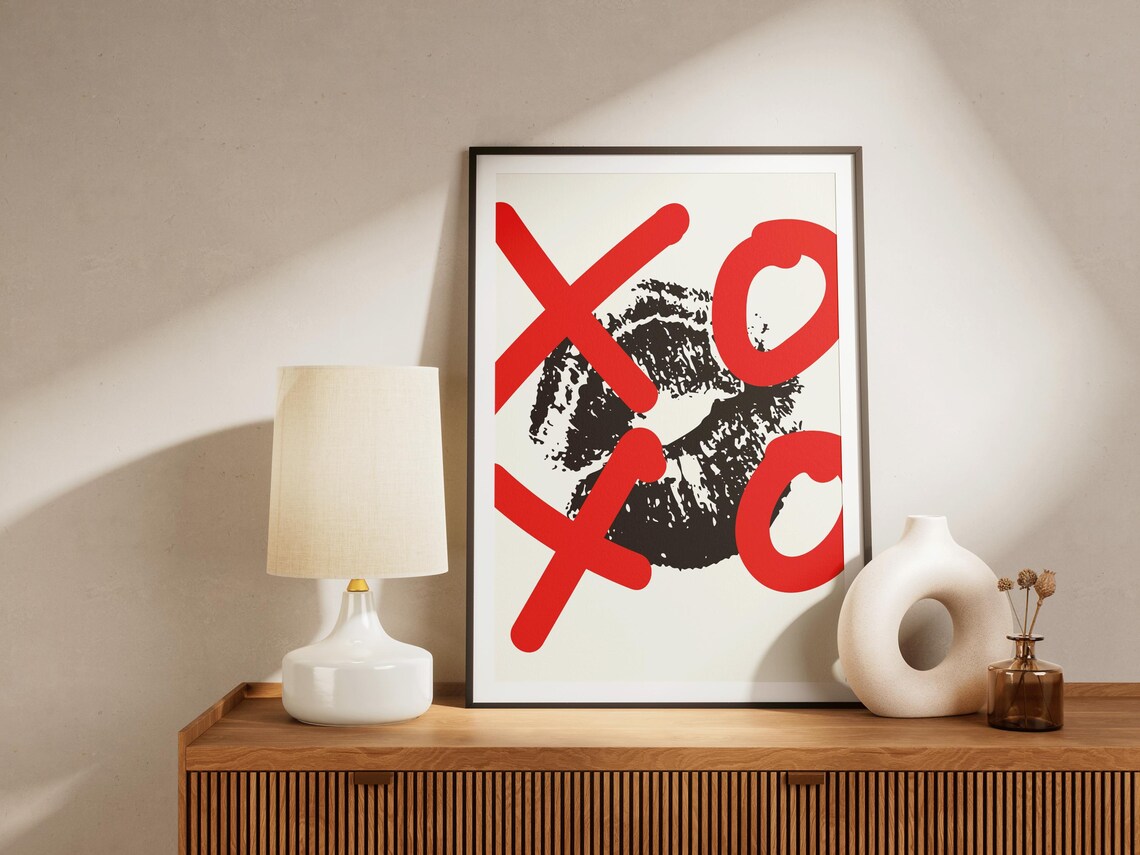 XOXO Red Letters Black Lipstick Kiss Print Valentines Wall Poster