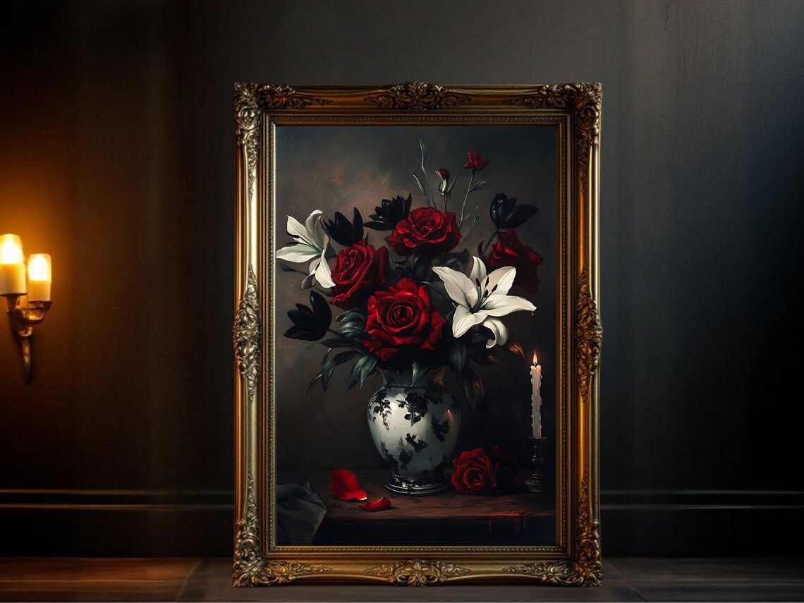 Vintage Oil Painting Floral Bouquet, Romantic Fine Art