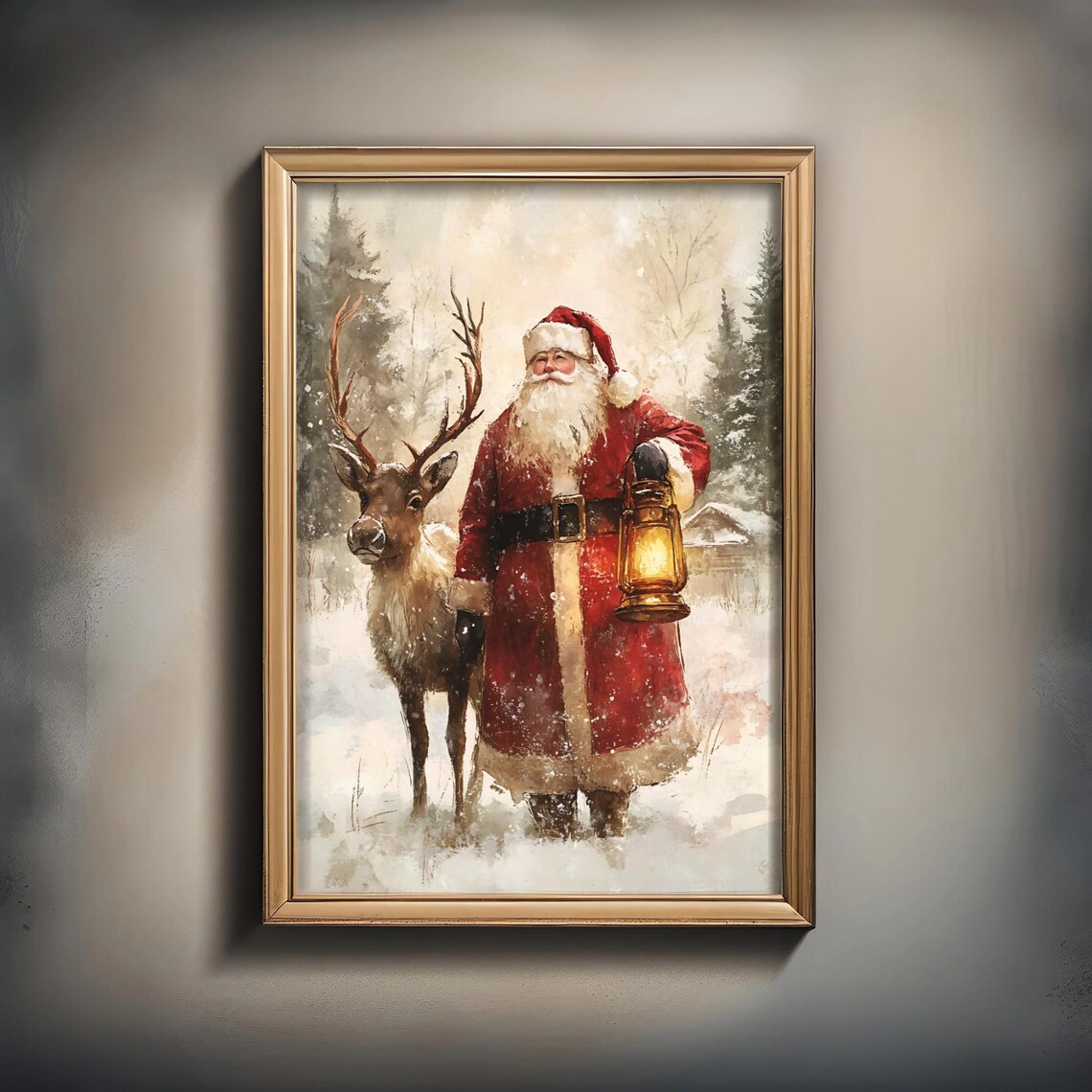Vintage Santa With Lantern And Reindeer, Rustic Holiday