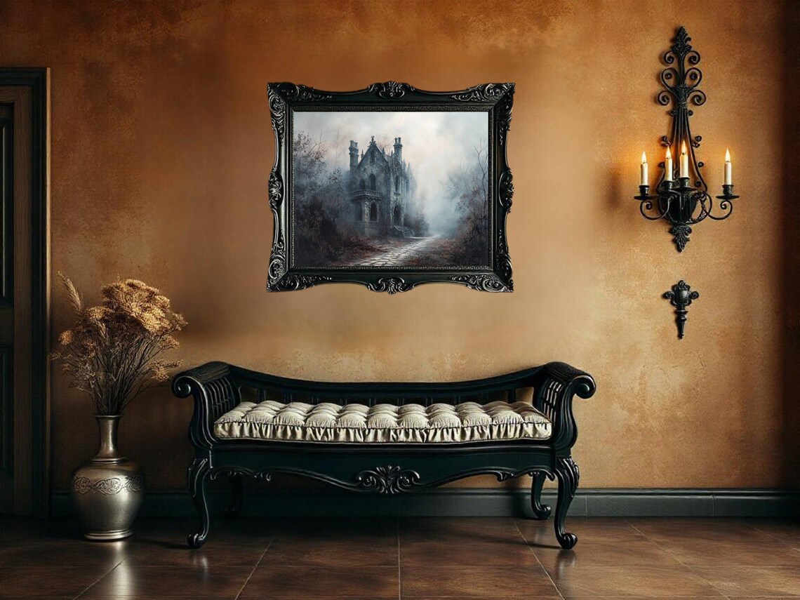 Haunted Gothic Mansion, Spooky Foggy Forest Scene - Image 2
