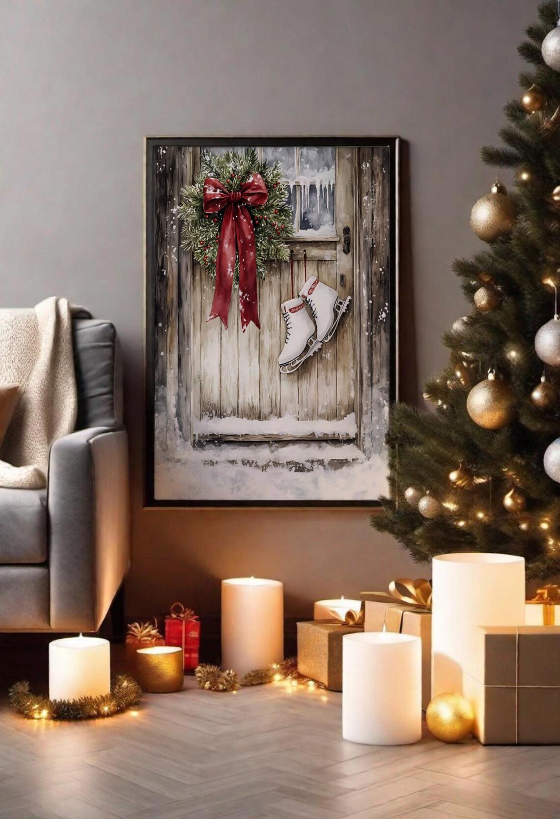 Rustic Christmas Door, Winter Wreath and Ice Skates - Image 3