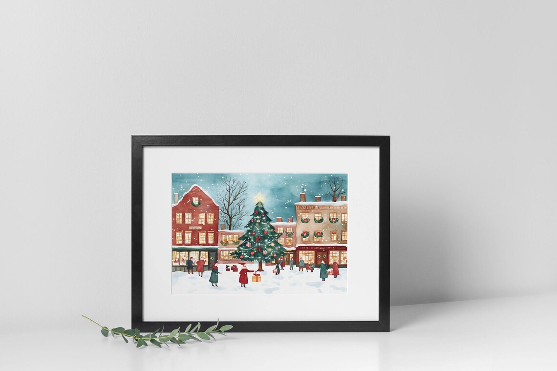 Vintage Christmas Town Square, Holiday Market Scene - Image 3