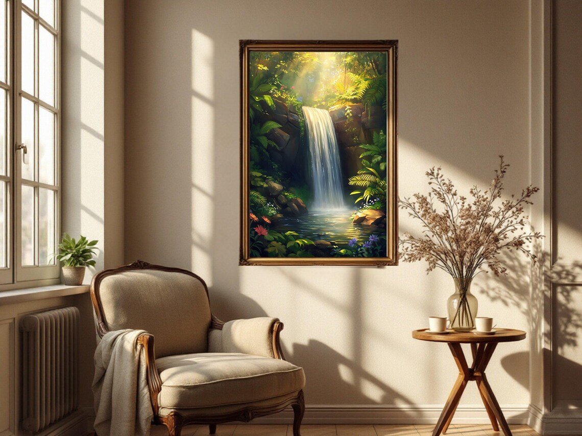Serene Waterfall, Tranquil Forest Scenery Art Print - Image 3