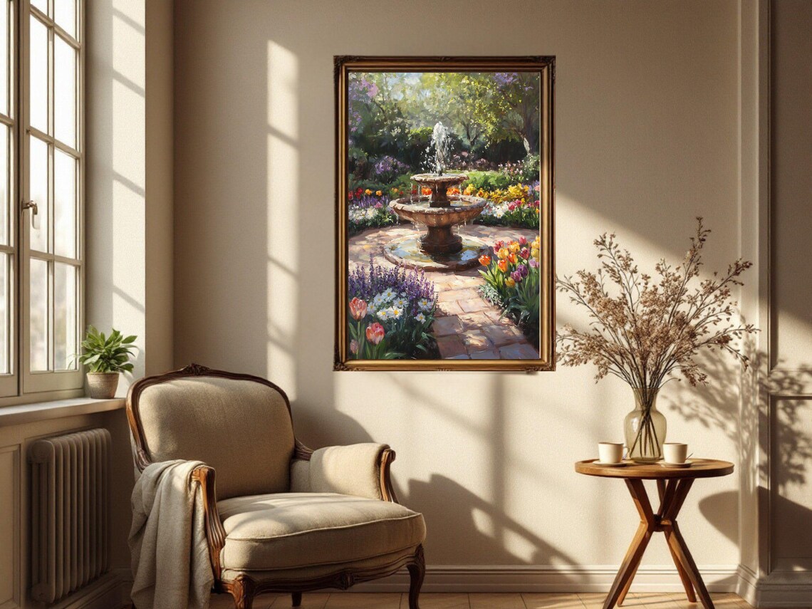 Garden Fountain, Colorful Floral Painting - Image 3