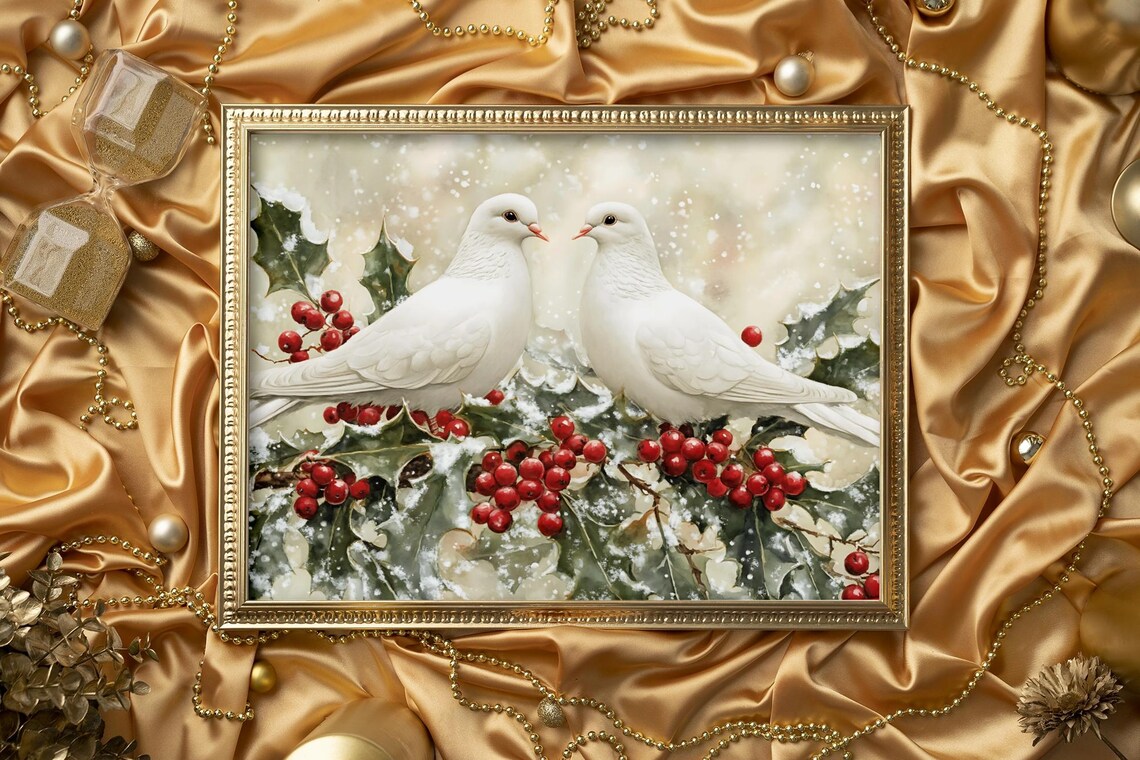 Peaceful Doves and Holly - Rustic Christmas Scene - Image 2