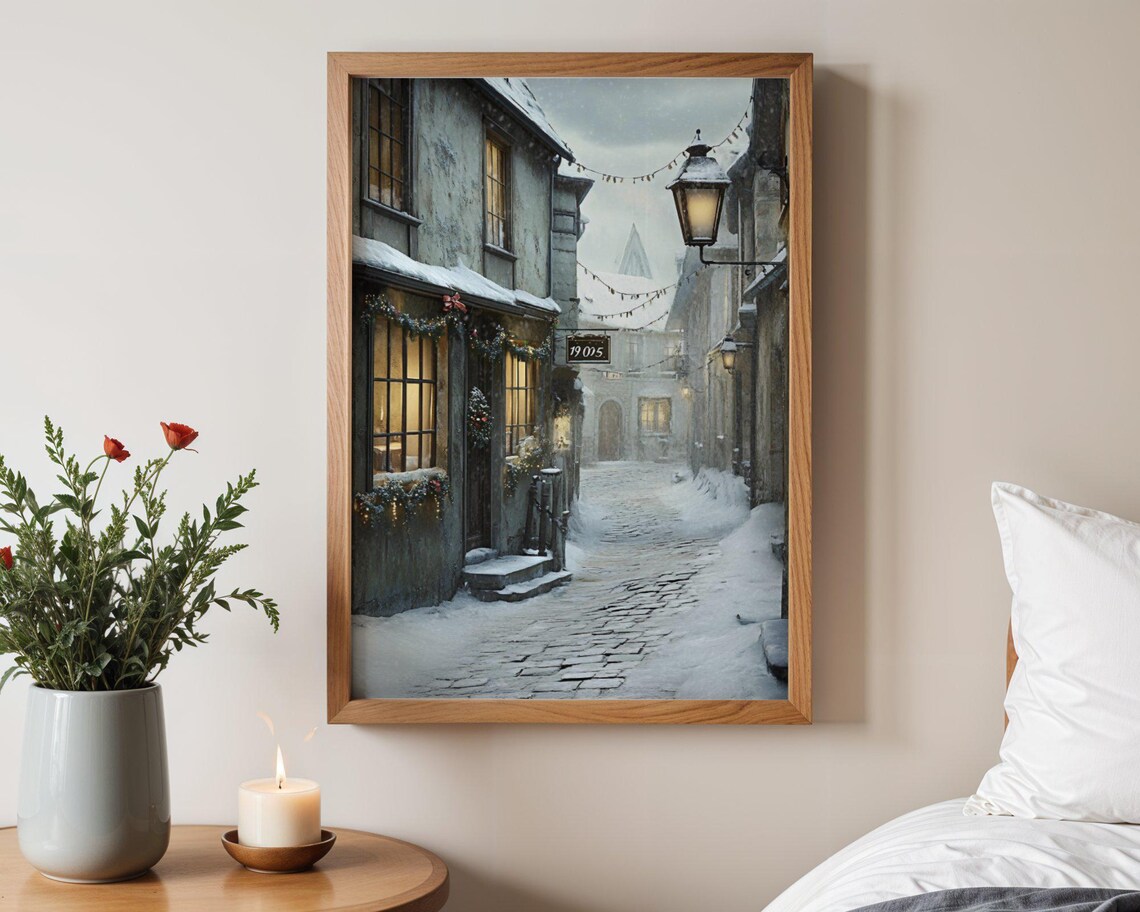 Vintage Christmas Street Scene, Snowy Winter Town Poster