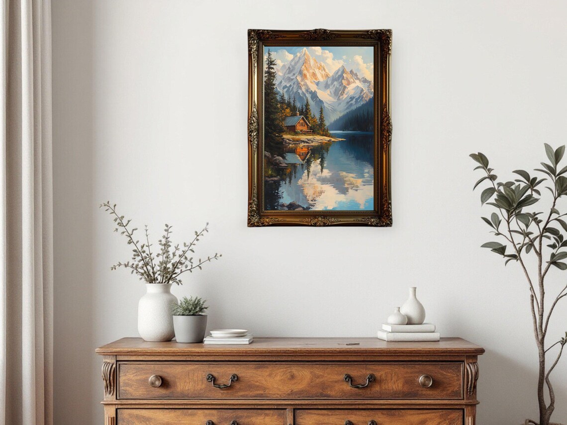 Mountain Cabin Lake View, Rustic Landscape Art Print - Image 2