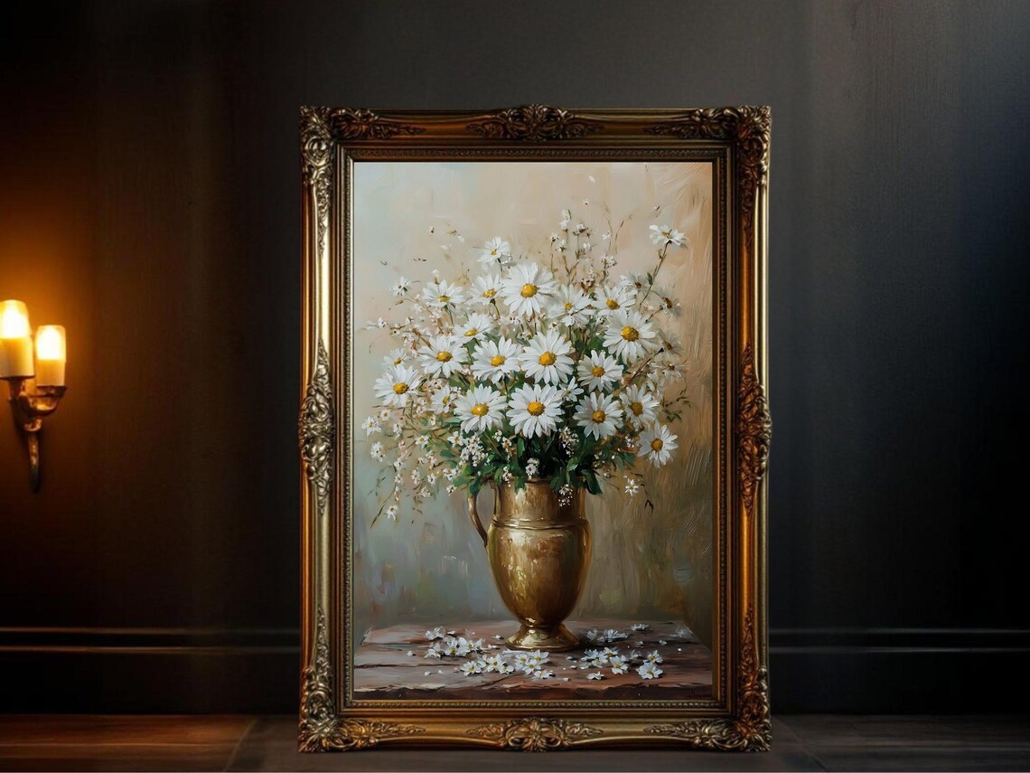 Daisies In A Golden Vase, Vintage Oil Painting