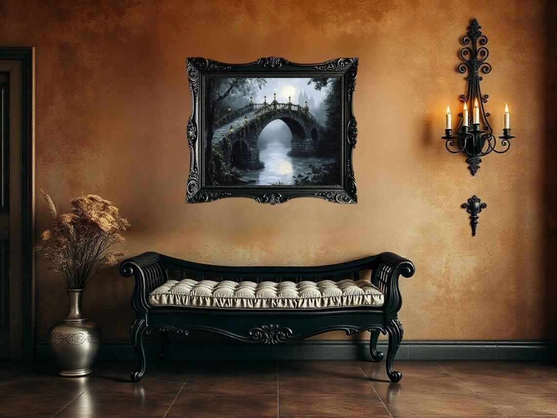 Mystical Moonlit Bridge, Gothic Castle Landscape Print - Image 2