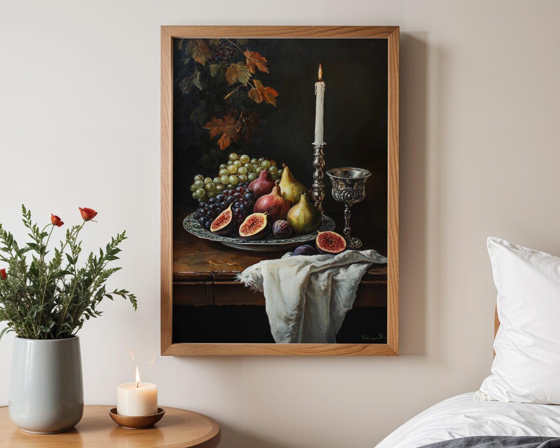 Still Life Fruit and Candle, Vintage Style Art Print - Image 3