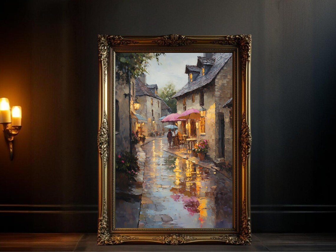 Romantic Rainy Street Art Print, Cozy Village