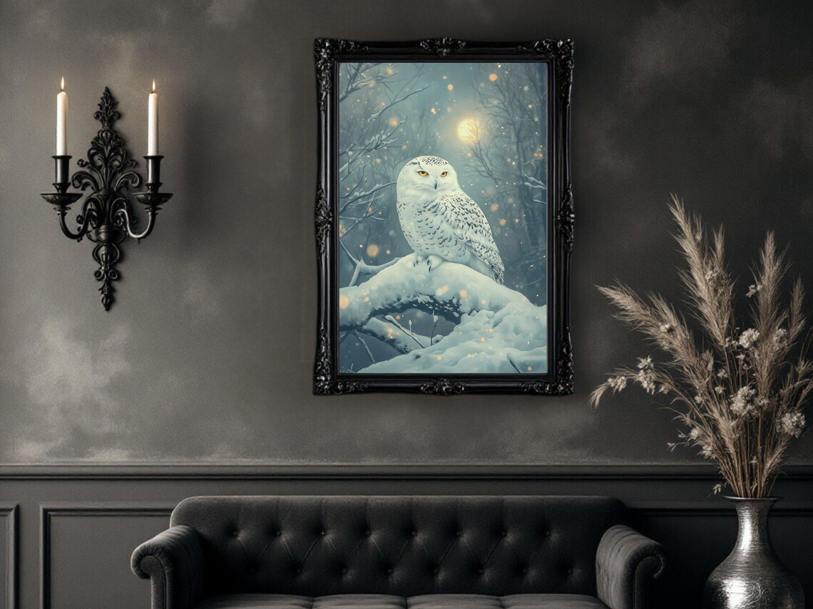 Snow Owl, Winter Night Animal Illustration Art Print - Image 3