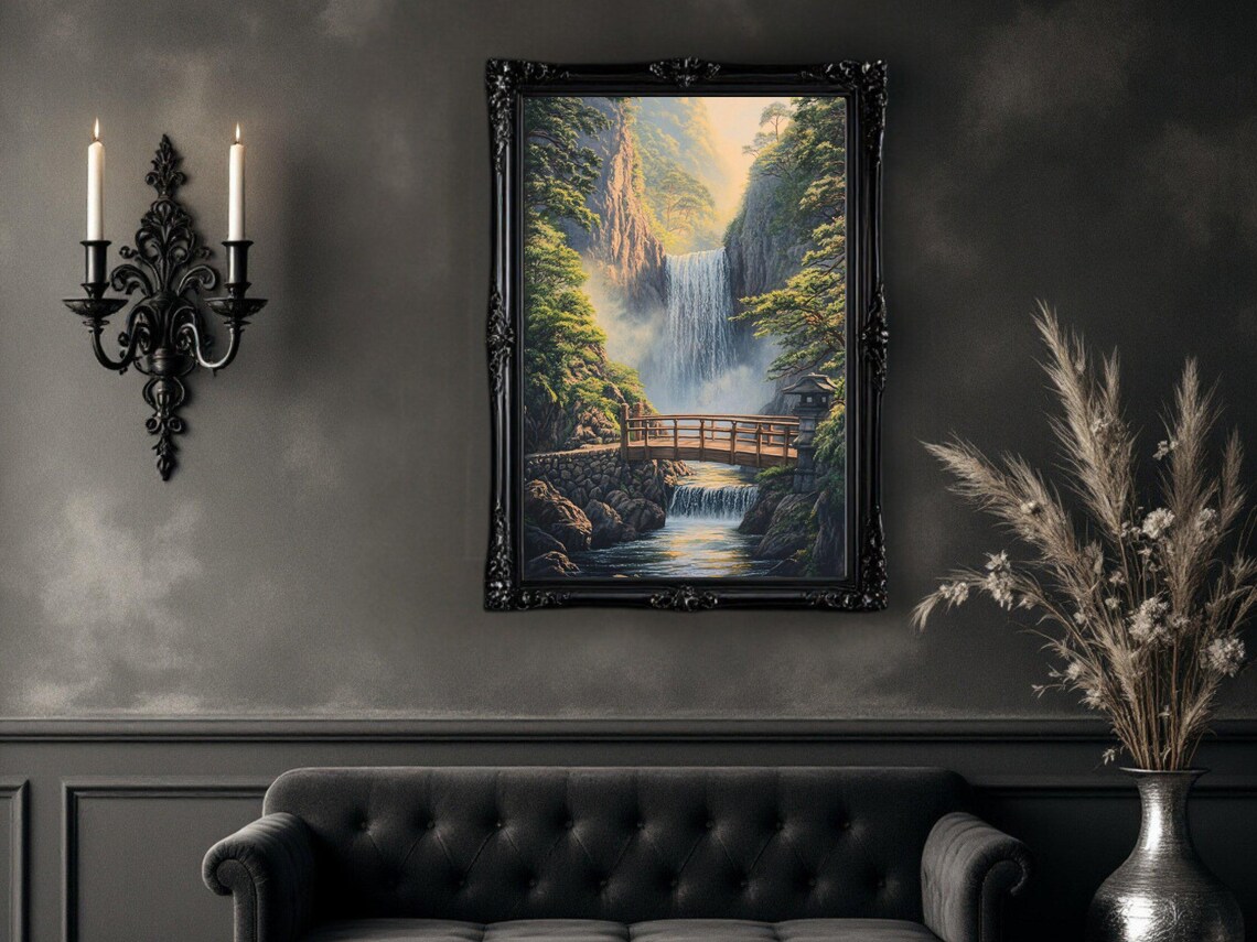 Serene Waterfall Bridge Art Print, Forest Landscape - Image 2