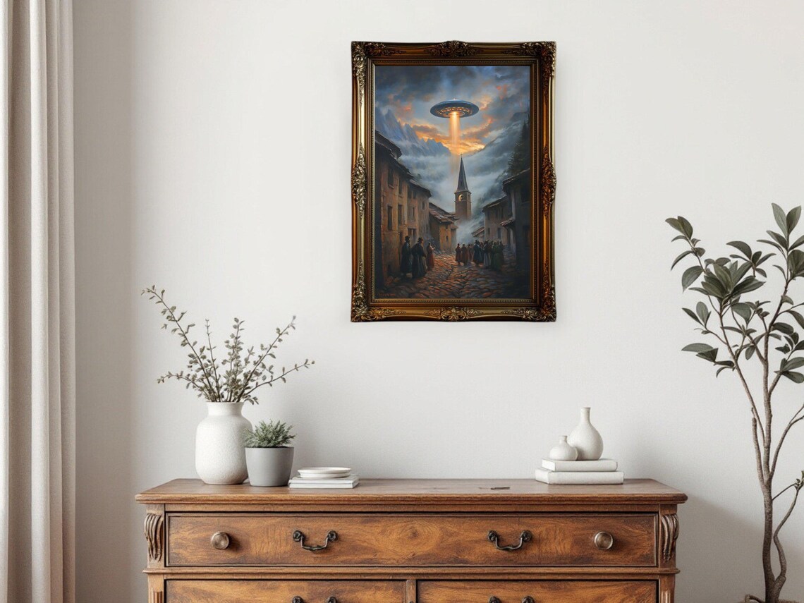UFO Over The Village, Vintage Science Fiction Landscape - Image 2