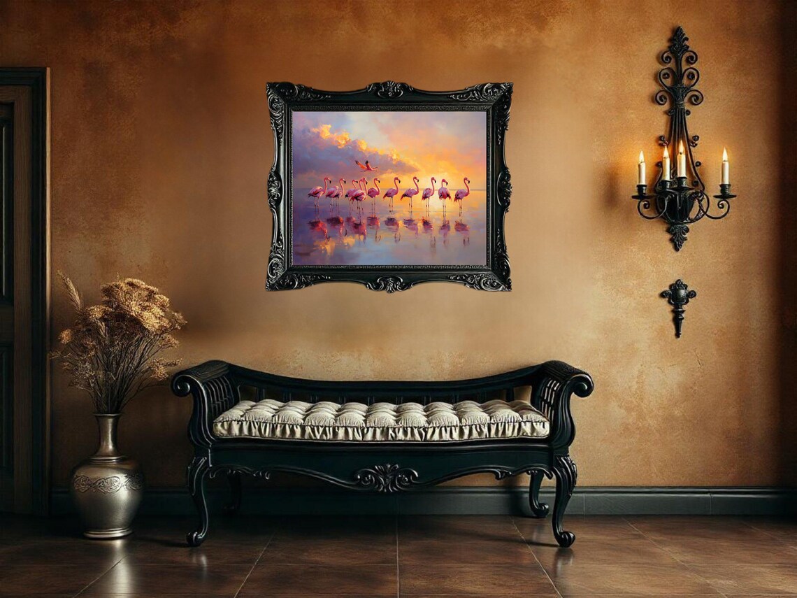 Flamingo Sunset Beach Flamingos Art Print - Image 3