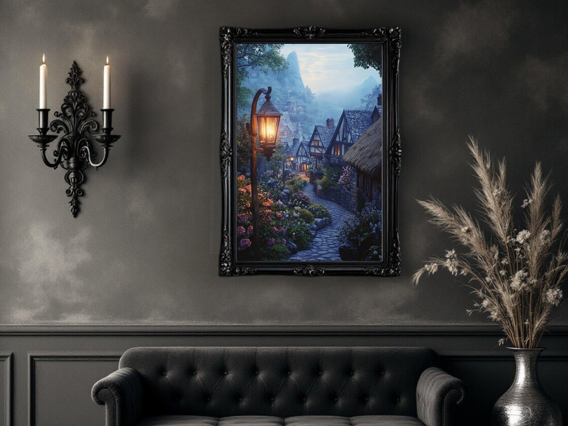 Quaint Village Street Scene, Cozy Cottage Pathway Poster - Image 2