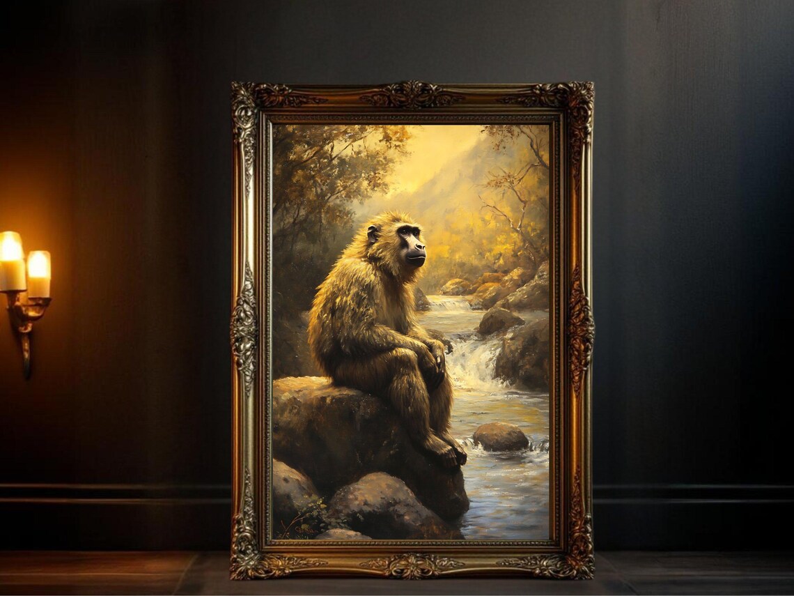 Baboon By Stream, African Wildlife Nature Scenery