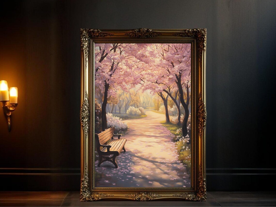 Cherry Blossom Path Art Print, Spring Park Scene