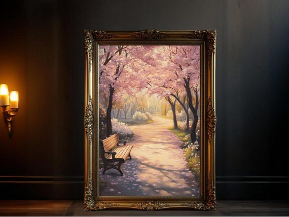 Cherry Blossom Path Art Print, Spring Park Scene