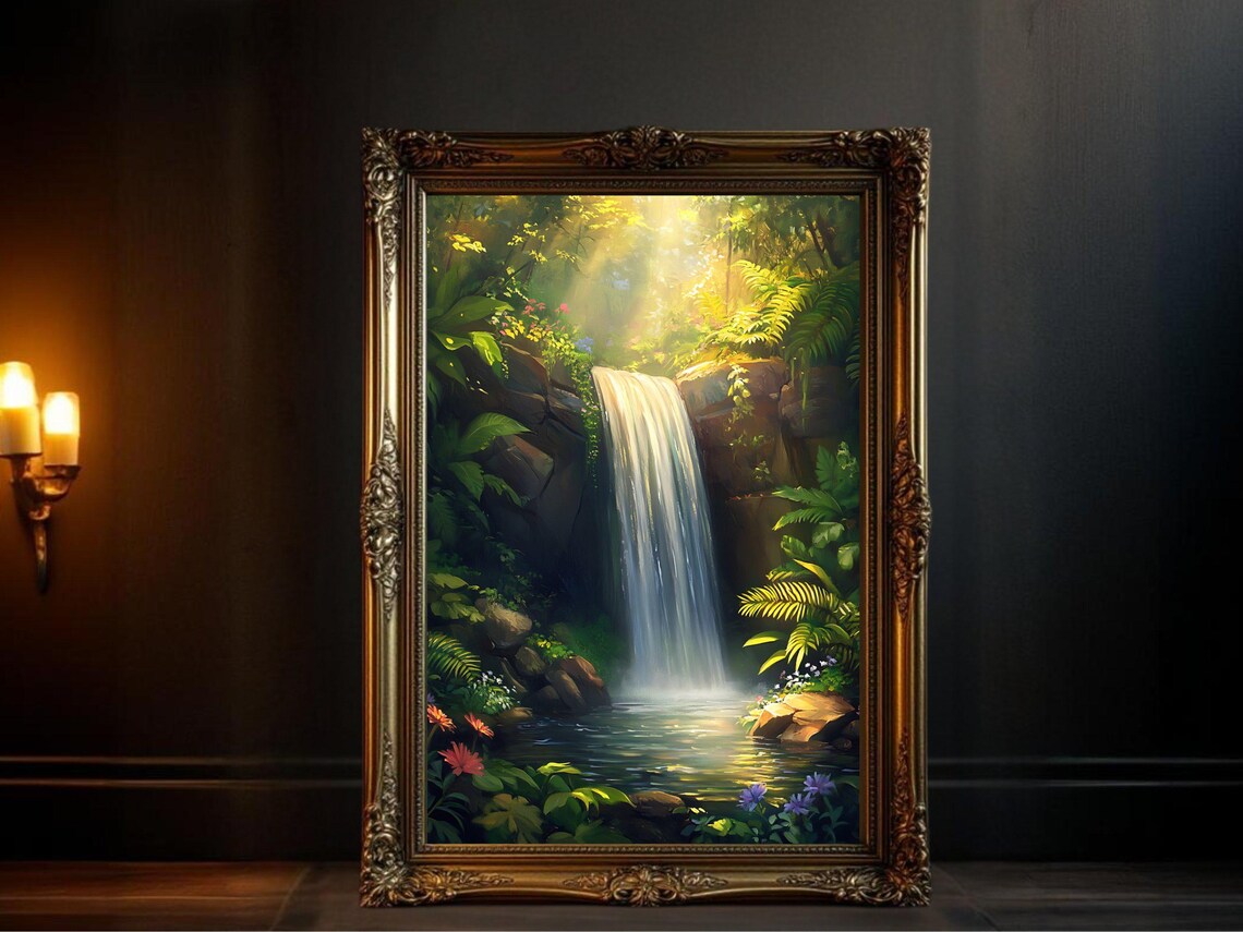 Serene Waterfall, Tranquil Forest Scenery Art Print