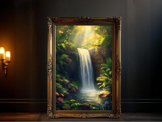 Serene Waterfall, Tranquil Forest Scenery Art Print