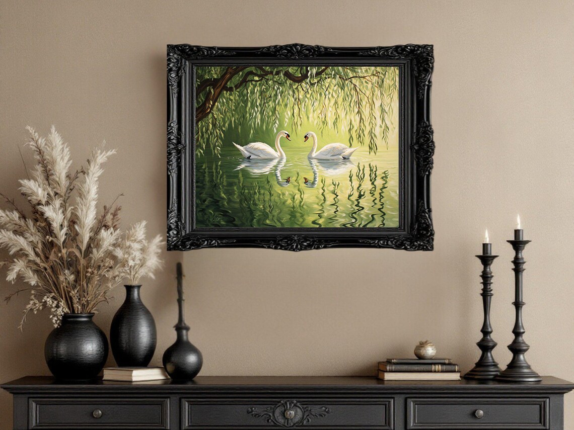 Swan Couple Nature Scene Painting, Serene Lake Decor - Image 3