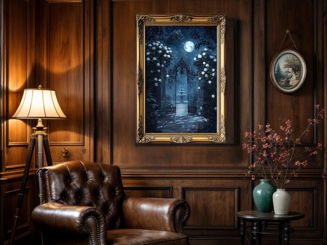 Enchanted Garden Gate, Moonlit Gothic Art Print - Image 3