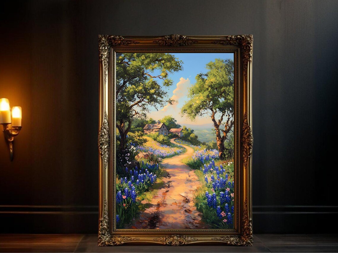 Country Path Village Scene, Landscape Art Print