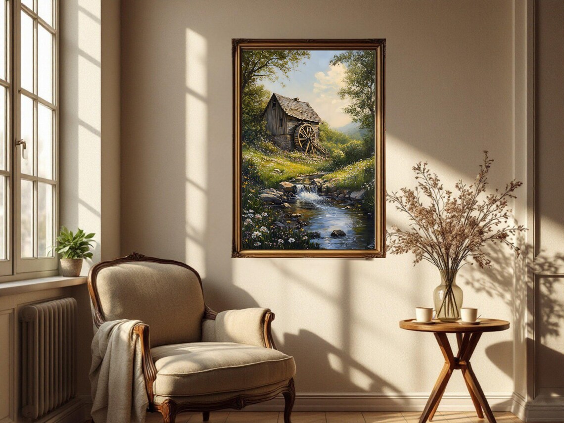 Rustic Water Mill Vintage Nature Landscape Art Print - Image 3