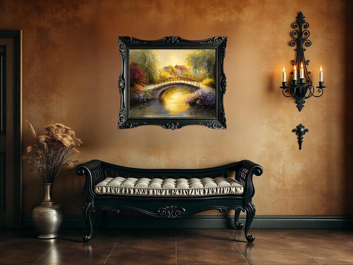 Tranquil Garden Scene With Bridge, Landscape Art Print - Image 3