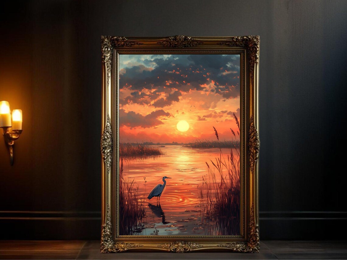 Serene Sunset Landscape With Heron, River Scene