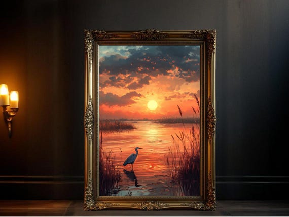 Serene Sunset Landscape With Heron, River Scene