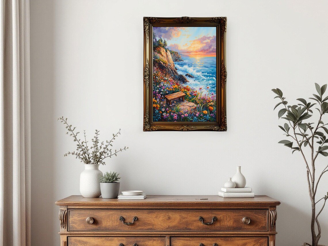 Sunset Ocean View - Coastal Flowers Landscape Art Print - Image 2
