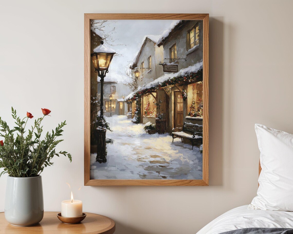 Winter Village Snow Scene, Cozy Christmas Street Print
