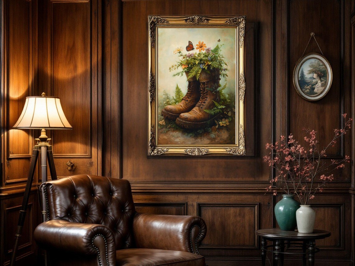 Vintage Oil Painting Floral Boots, Botanical Decor - Image 2