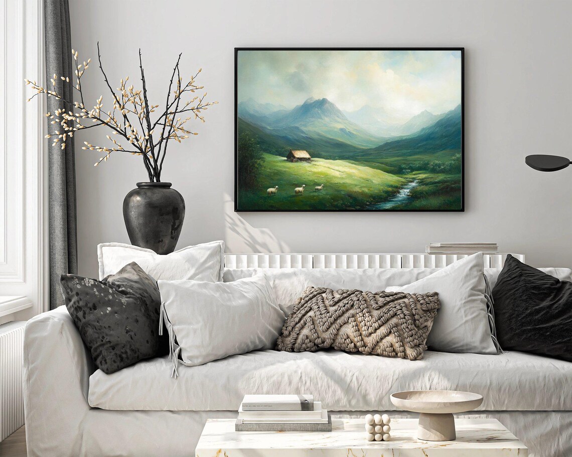 Serene Mountain Landscape, Rustic Cabin With Sheep - Image 3