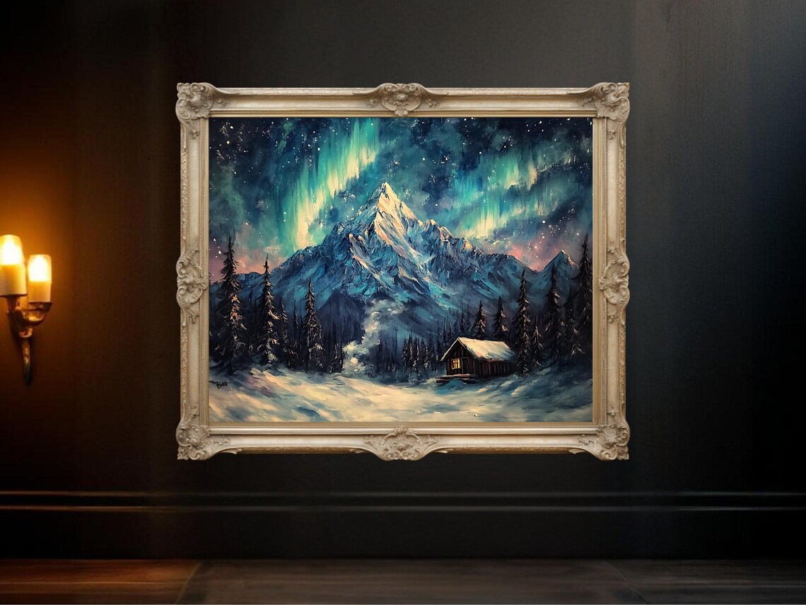 Majestic Mountain Aurora Borealis, Winter Landscape Art Print