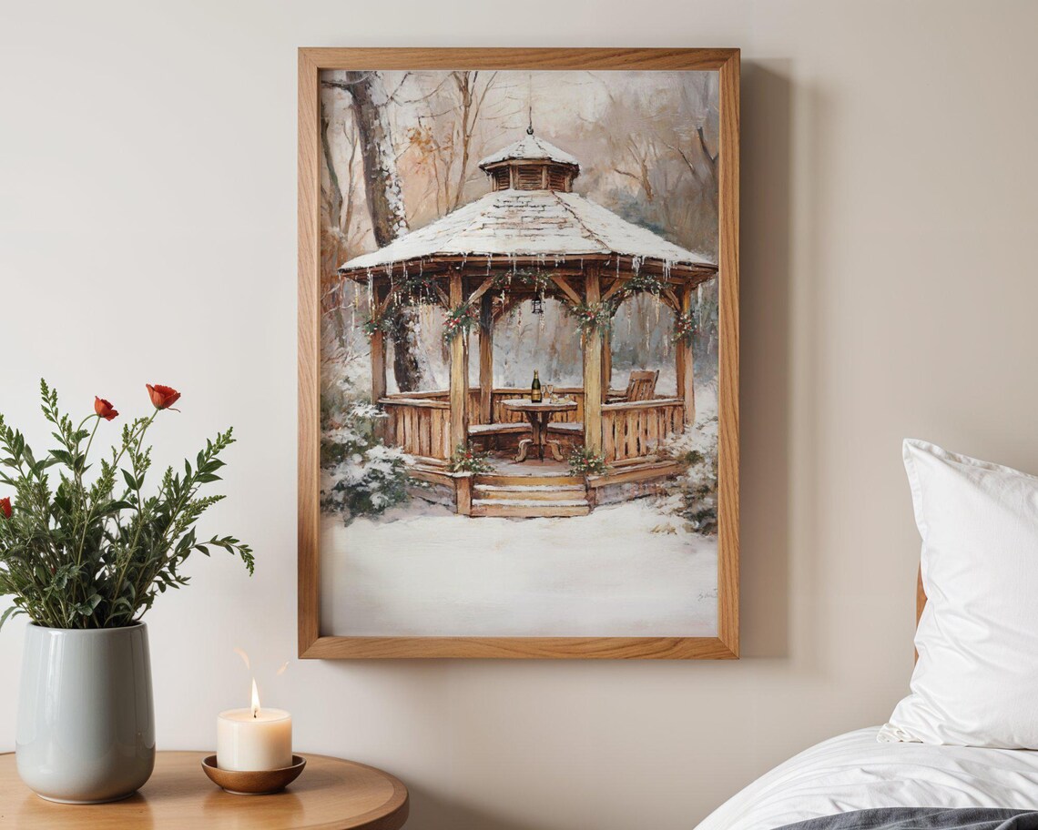 Winter Gazebo Rustic Snowy Scene, Christmas Decor