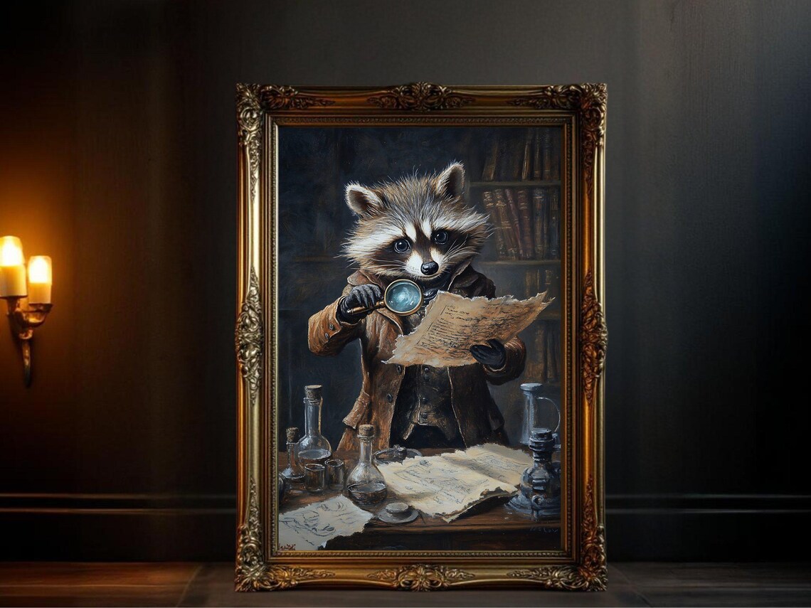 Cute Detective Raccoon, Vintage Animal Artwork