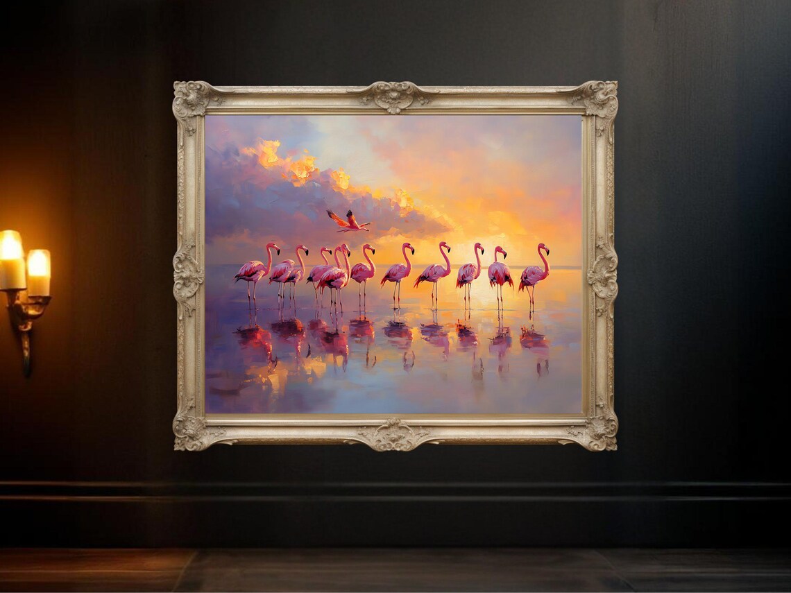 Flamingo Sunset Beach Flamingos Art Print