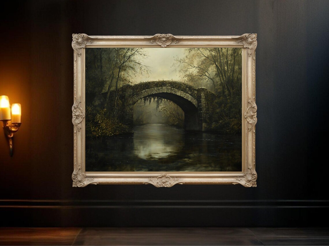 Vintage Stone Bridge Landscape, Serene Forest