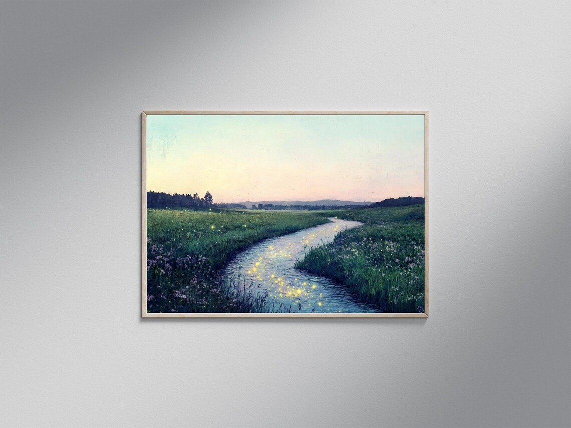 Serene Landscape River At Dusk, Tranquil Meadows Art Print
