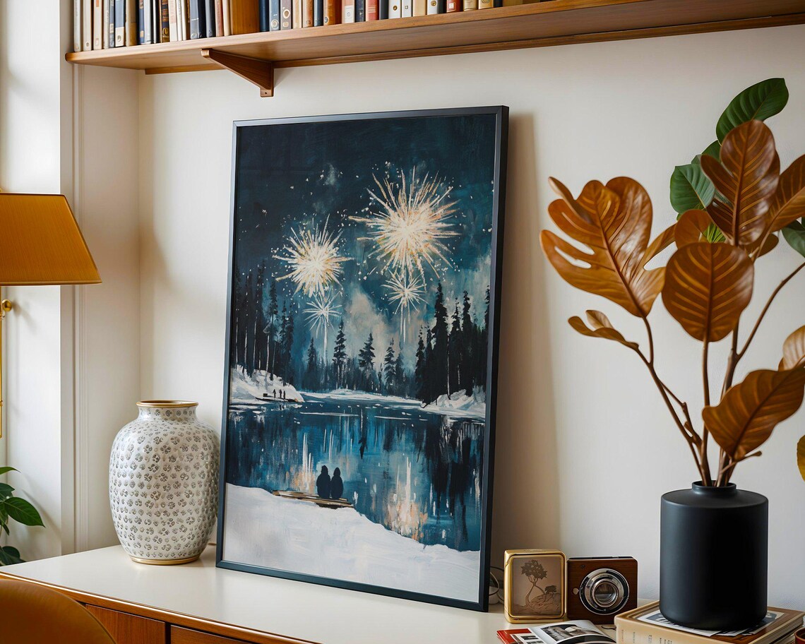 Firework Display Over Snowy Forest Lake, Winter Night - Image 2
