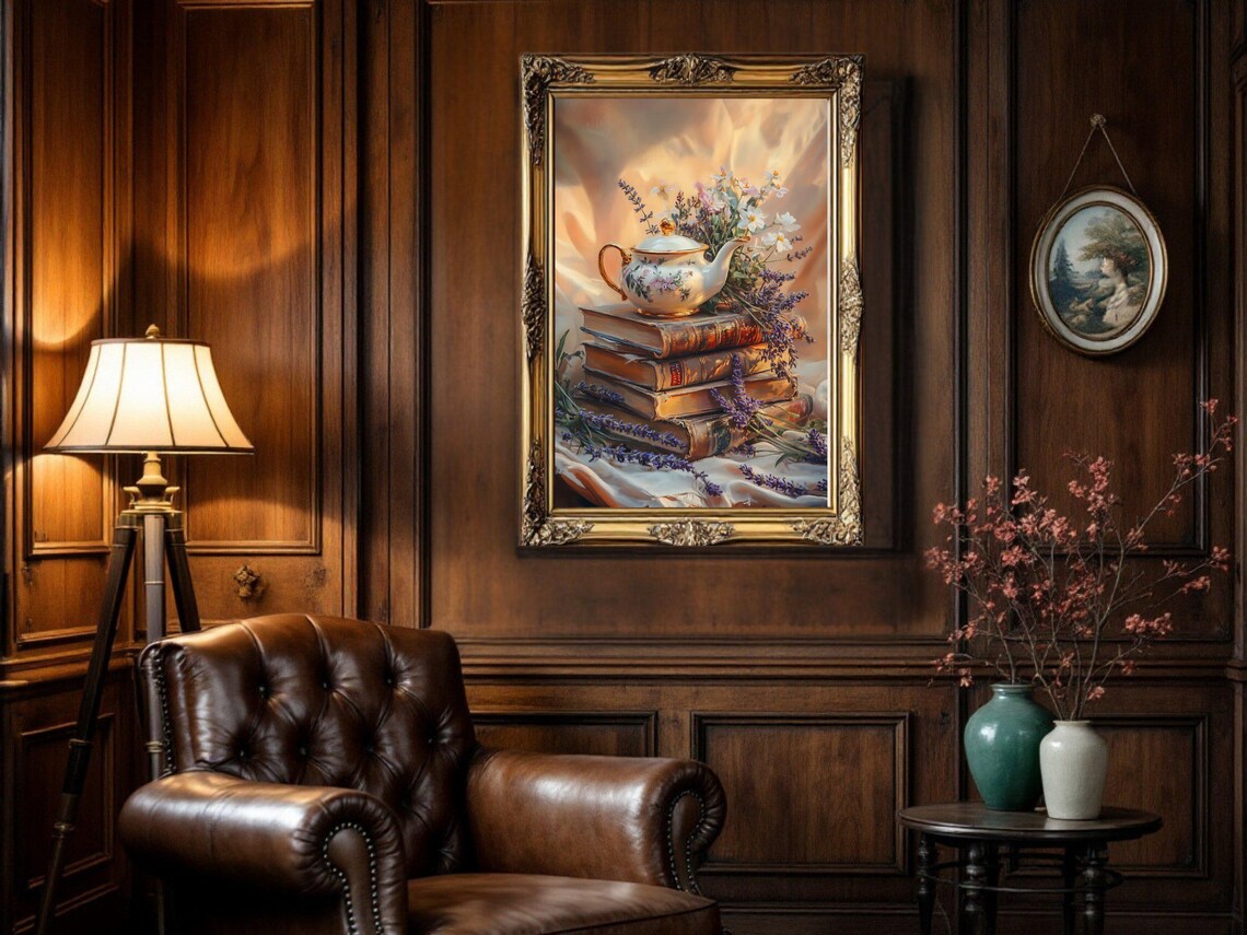 Vintage Oil Painting Teapot On Antique Books - Image 2