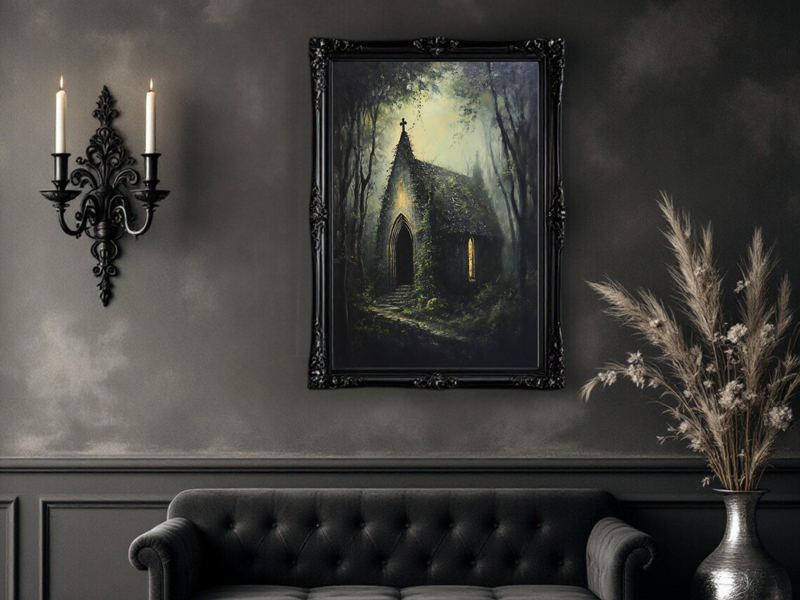 Gothic Church in Forest Twilight, Dark Fantasy Art Print - Image 2