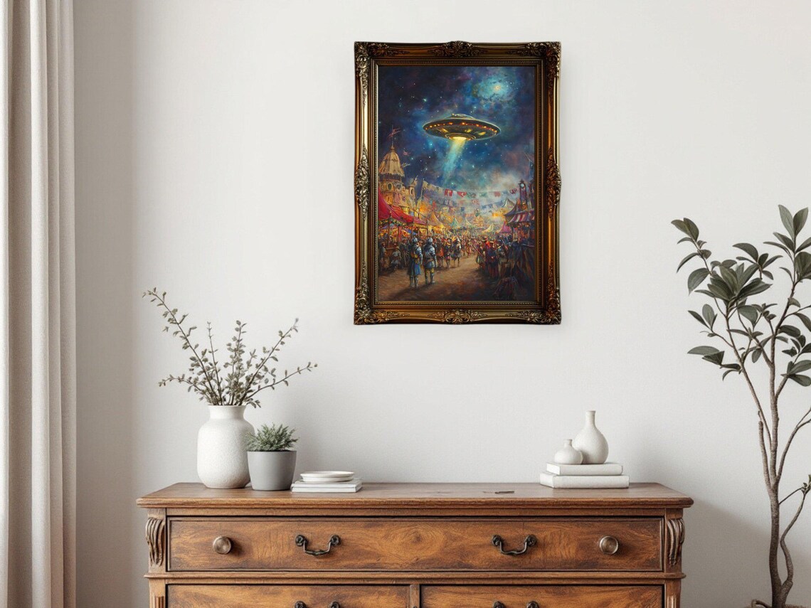 UFO Carnival Fair Night Scene, Fantasy Art Print - Image 2