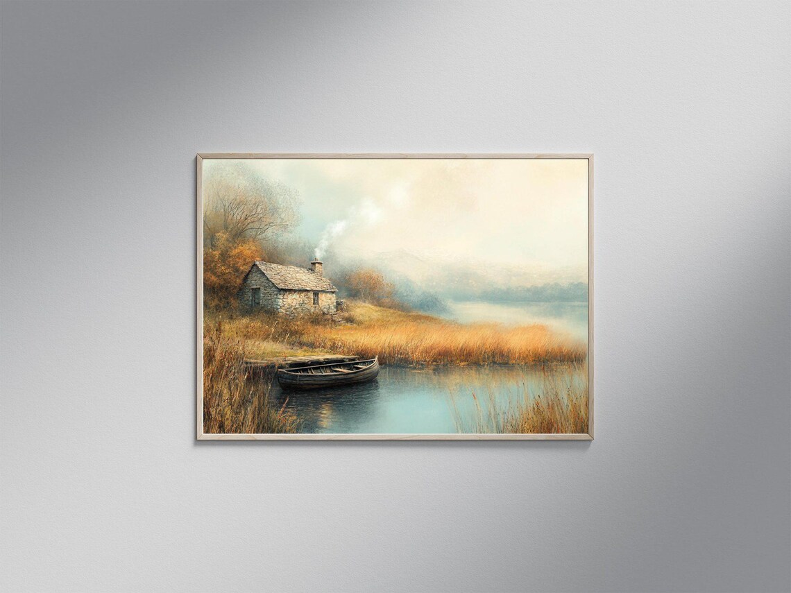 Rustic Cabin Lake Scene, Autumn Landscape Print