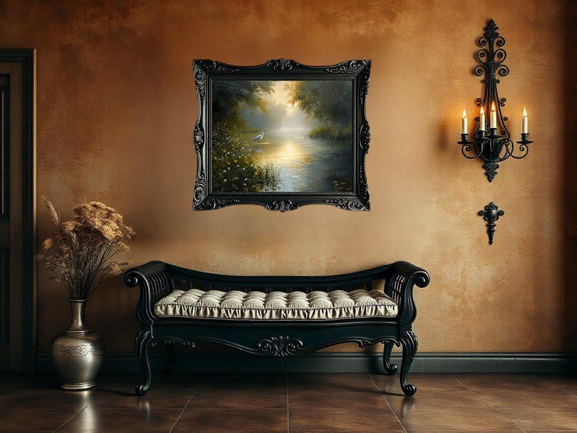 Serene Landscape River Scene With Heron Art Print - Image 3
